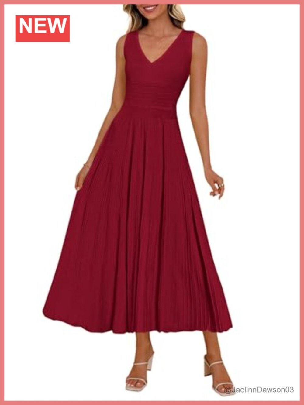 Women's Pleated V Neck Sleeveless Midi Dress A-Line Cocktail Work